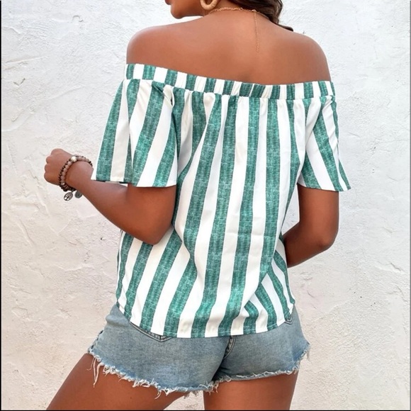 Stripe Off Shoulder Cut Out overlap Butterfly Sleeve Blouse Top Green - Picture 2 of 12